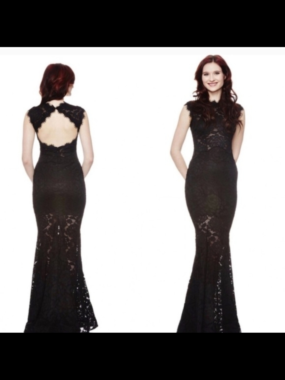 Betsy & Adam Black Lace Maxi Gown with Open Back
